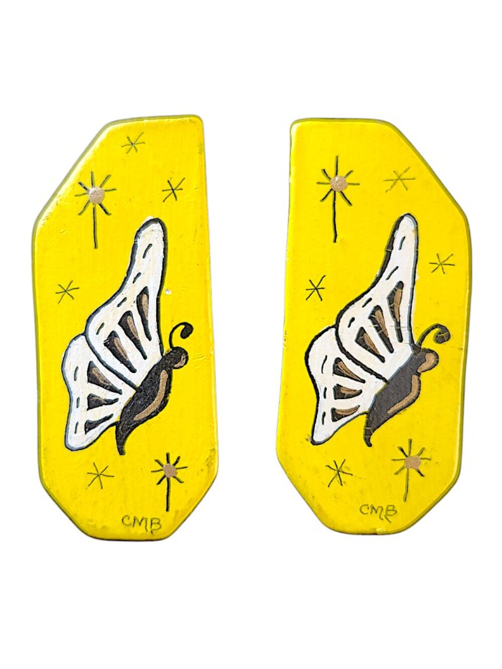 Vintage Handmade Yellow Wooden Butterfly Earrings 1980s